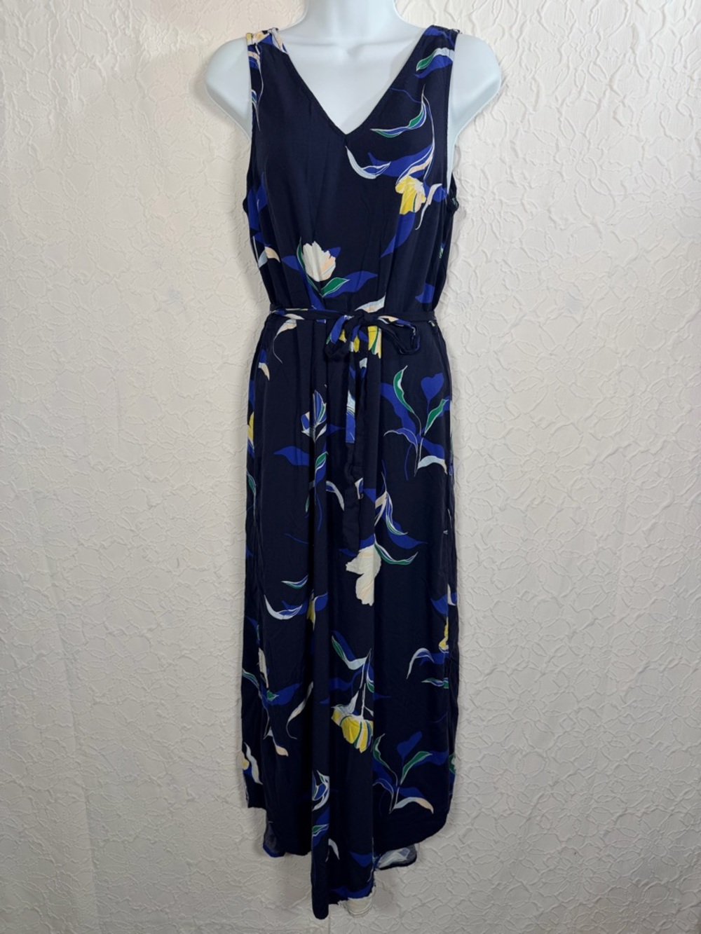 A New Day Navy Maxi Floral Tie Waist V Neck Dress Sz M
